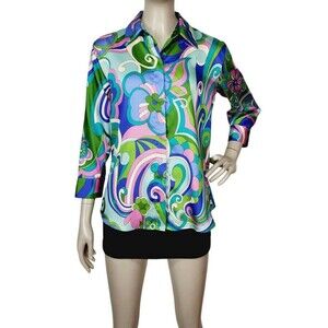 Studio F Psychedelic Colorful 3/4 Sleeve Button-Down Blouse Size Small